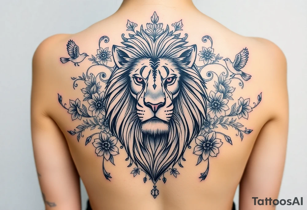 powerful majestic lion with a crown, surrounded by floral ornaments and birds tattoo idea