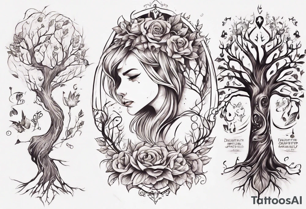 Female forearm, daughter, son, fairytale, family tree tattoo idea