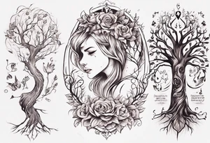 Female forearm, daughter, son, fairytale, family tree tattoo idea