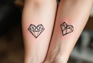 A pair of geometric hearts in black and gold ink etched into the forearms, symbolizing balance and unity. tattoo idea
