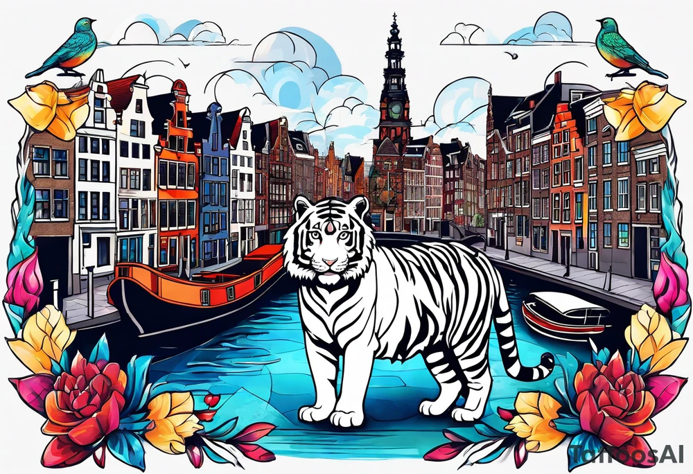White tiger, stag and birds with pineapples featuring Amsterdam buildings and canal in galaxy colours and Amsterdam buildings and canal tattoo idea