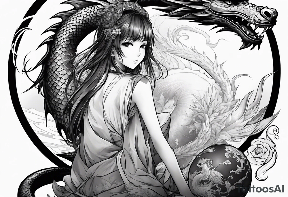 a full shot of an anime girl seen from far, sitting on a ball and surrounded by asian dragon with wings tattoo idea