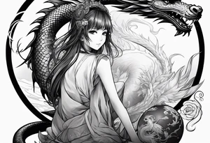 a full shot of an anime girl seen from far, sitting on a ball and surrounded by asian dragon with wings tattoo idea