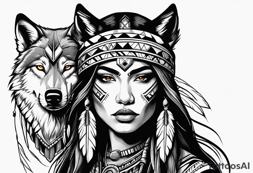Female Native American warrior with wolf head hat tattoo idea Female Native American warrior with wolf head hat tattoo idea