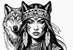 Female Native American warrior with wolf head hat tattoo idea