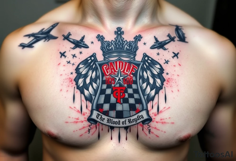 Men Doom Crest  with A Giant King Crown, CAUDLE written inside red, a chessboard, blood splatter on top of two  racing flags & OTF inside, The Words The Blood Of Royalty in red underneath the crest & 🌍 symbol in red outside of the crest, And raining blood drops, Jets/Airplanes/Helicopters/explosives flying above & Guns & Tanks & soldiers & knights plus ships tattoo idea