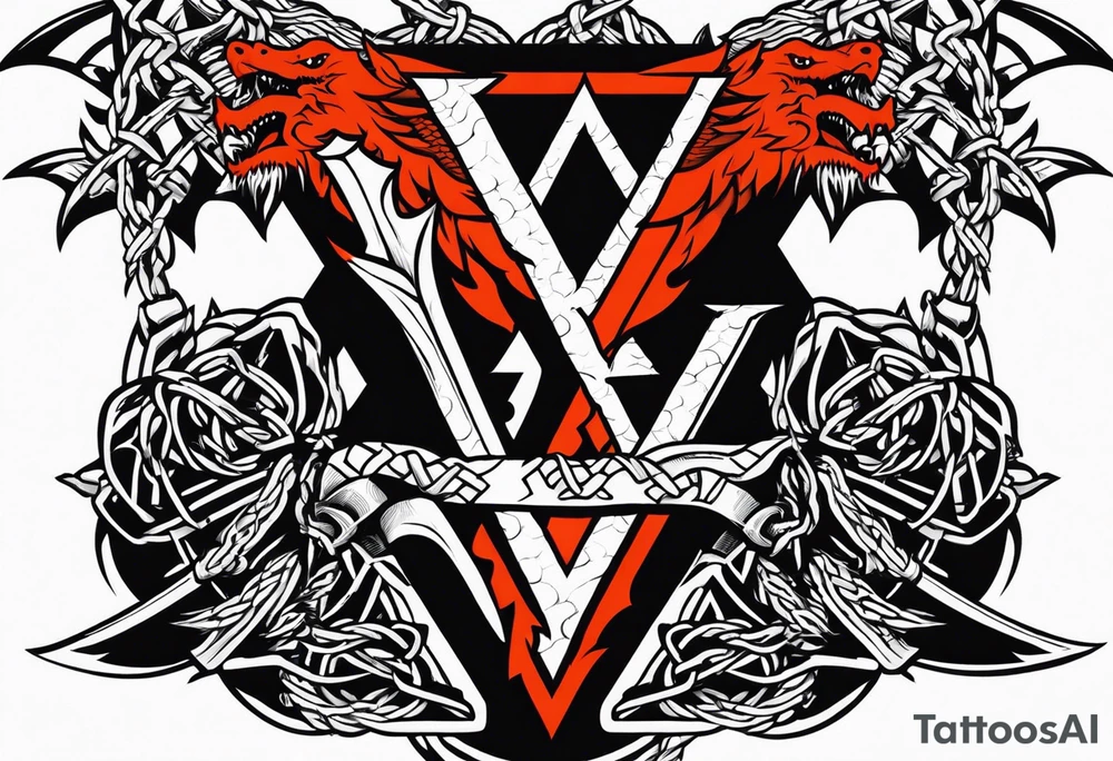 Valhalla sword shield axe barbed wire chains valknut fire dragon tattoo idea Valhalla sword shield axe barbed wire chains valknut fire dragon tattoo idea