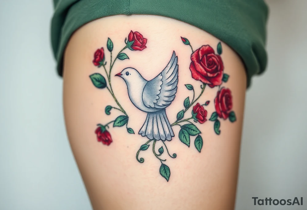 A collared dove surrounded by swirling vines and roses, with the dove in light gray and soft white, and the vines in green with hints of deep red for the roses tattoo idea