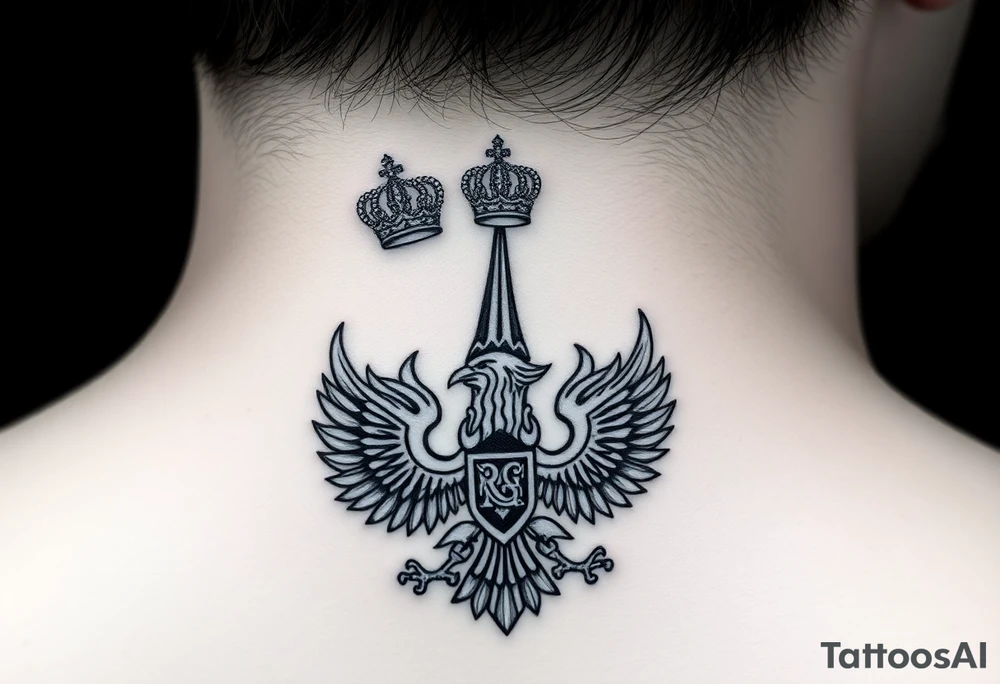 St. George, 3 russian imperial crowns above the Russian coat of arms double eagle and sitting above its wingspan sitting just above Kremlin or St. Basil's Cathedral scene  on the side of my neck tattoo idea