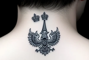 St. George, 3 russian imperial crowns above the Russian coat of arms double eagle and sitting above its wingspan sitting just above Kremlin or St. Basil's Cathedral scene  on the side of my neck tattoo idea
