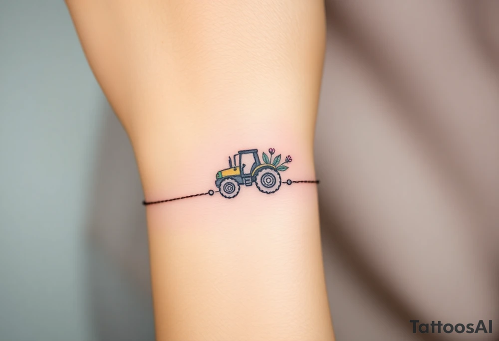 A bracelet that includes a very small tractor and bouquet flowers hippie style tattoo idea