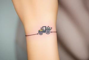 A bracelet that includes a very small tractor and bouquet flowers hippie style tattoo idea