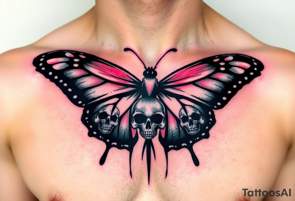 evil powerful majestic and dark monarch butterfly with  graffiti skull detail as the body hidden skulls in wings, skull detail making the body of the butterfly with a horror style effect, including aqua, pink and white colouring
placement on chest at collarbone tattoo idea