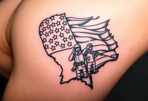 Partially torn American flag with 2 m16s and a marines saluting the flag tattoo idea