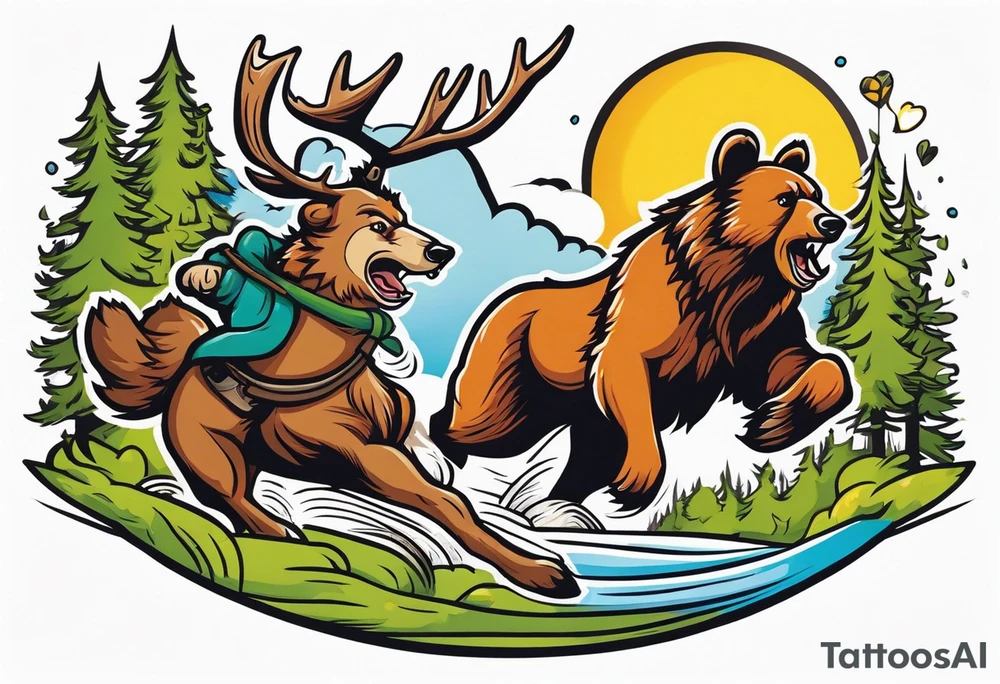 Hunter hunting deer being chased by a bear tattoo idea