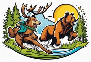 Hunter hunting deer being chased by a bear tattoo idea