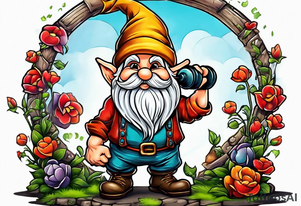 Strong old yard gnome lifting dumbells tattoo idea