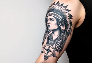 Native American girl with headdress in the sun a compass and a clock and arrowhead tattoo idea