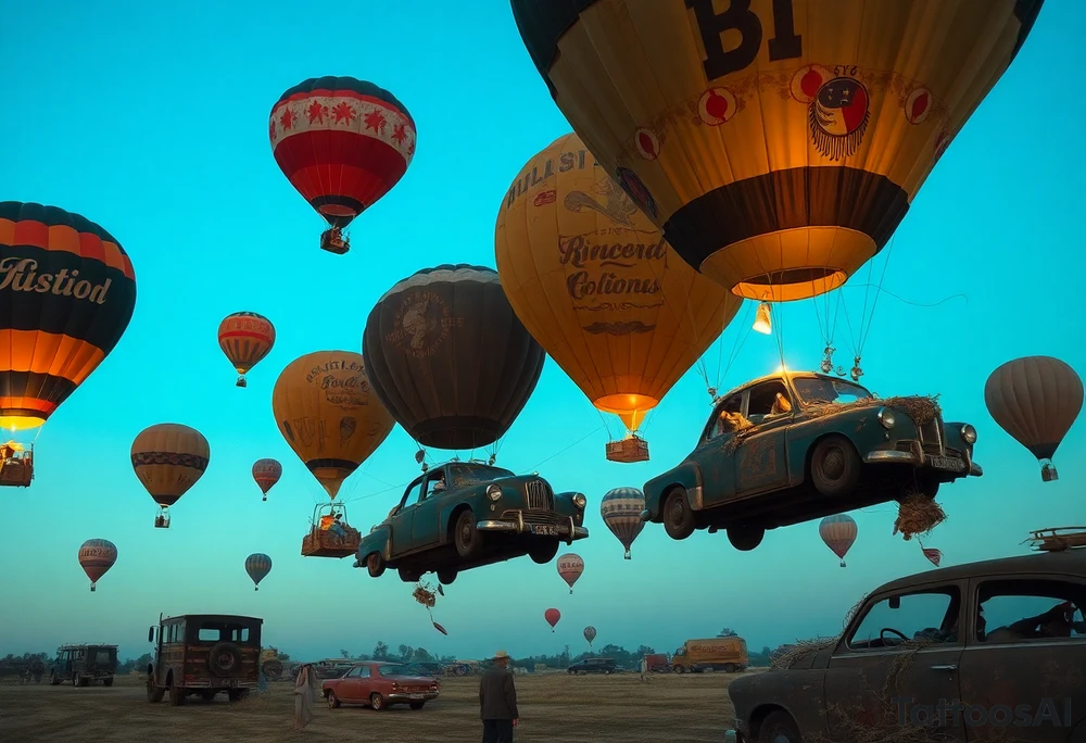 in a very steam punk vibe i want you to make a picture of a bunch of old beat up cars with people lounging in them and garbage and junk all up in and on them, tied to hot air balloons floating in the sky right about dusk and they are as far as the eye can see i want the cars to be floating as if they were the basket to the hot air balloons and the hot air balloons are all different colors and patterns and some are old and patched and i dont want to see the ground at all  i want this to be a scene that is up in the sky with them all floating under the balloons like it is in a dream and every single balloon in the picture is attached to a different old car, and some of the cars you can see people kicked back with thier feet out the window and stuff on the dash of the car, and some with people hanging an arm out hte window some have cigarrette smoke coming out the window, and the balloons all are different but every single car is floating high in the sky and i dont want there to be too many balloons and cars, just a few close together, and the rest ll are smaller and off in the distance 

and it should look like i too am in a car attached to a hot air balloon floating along as well and there should be no ground in sight,... because each one is hiigh in the sky, on a long voyage together i dont want to see the ground from the posistion tattoo idea