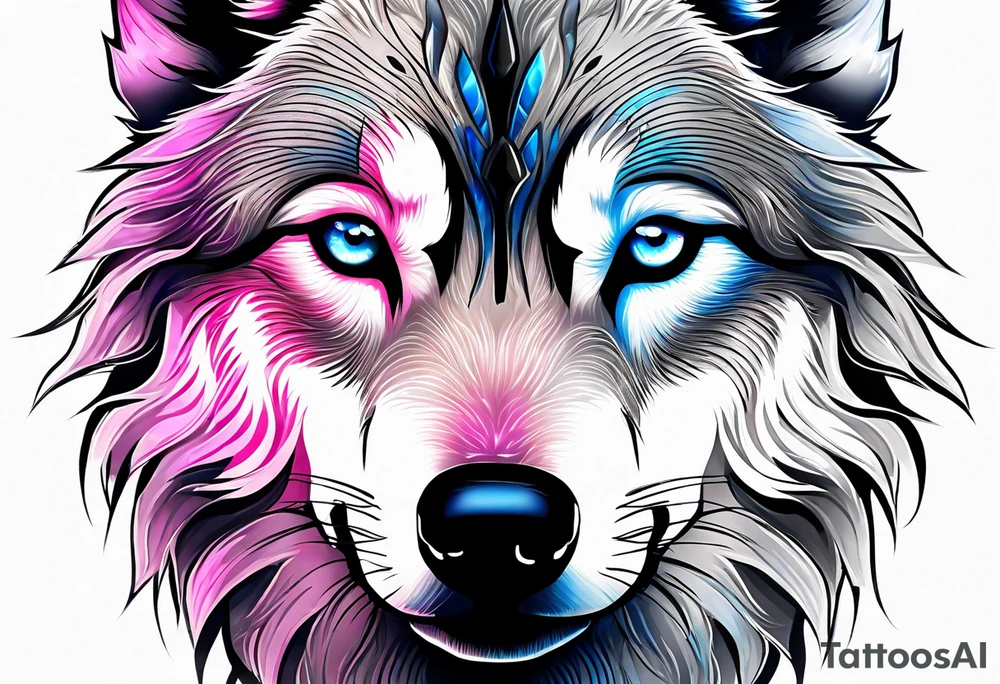 strong wolf gentle eyes "one blue eye" "one pink eye" tattoo idea