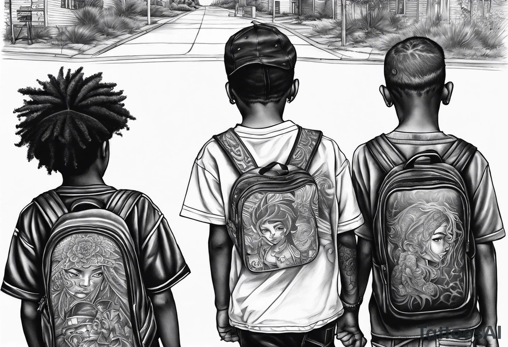3 black school age boys walking away together  you can see their full bodies and one is looking to the side showing the side of his face tattoo idea