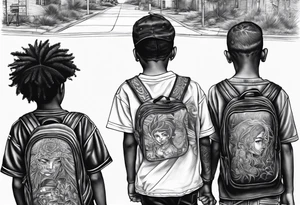 3 black school age boys walking away together  you can see their full bodies and one is looking to the side showing the side of his face tattoo idea