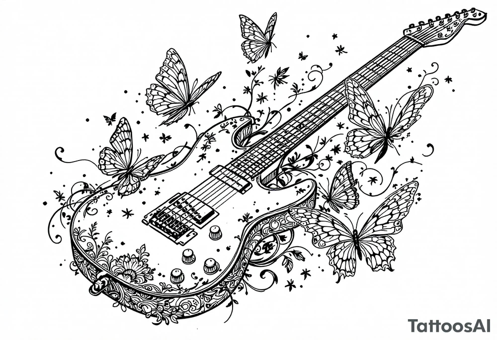 An electric guitar plugged into an amp with 5 butterflies flying around tattoo idea