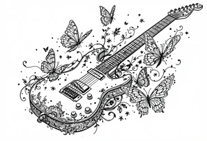 An electric guitar plugged into an amp with 5 butterflies flying around tattoo idea