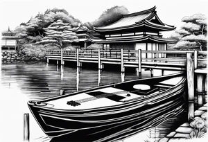 Japanese building, boat dock, guitar, piano tattoo idea