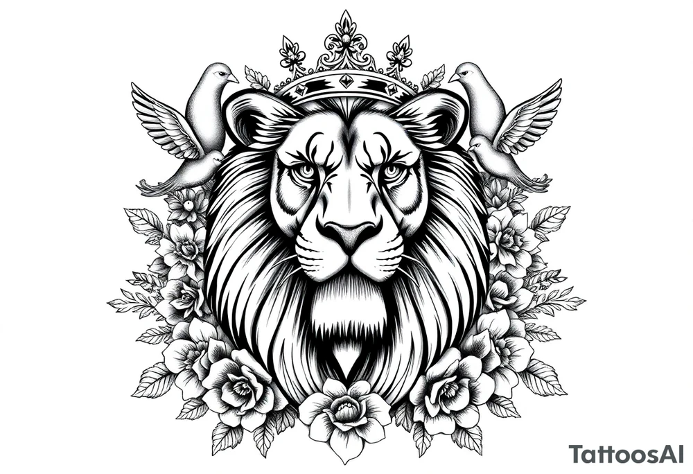 powerful majestic lion with a crown, surrounded by floral ornaments and birds tattoo idea