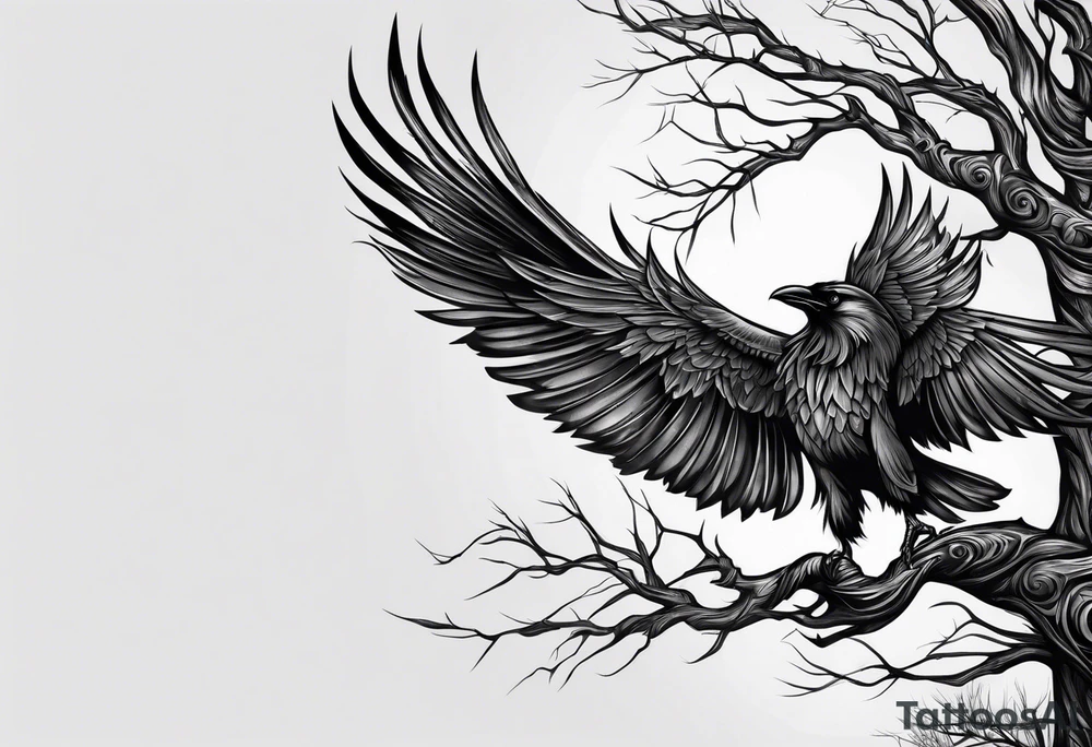 Dead tree arm sleeve with ravens tattoo idea