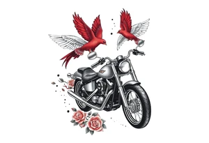 Harley grey motorcycle driving away, two red birds flying, roses, flames, angel wings tattoo idea