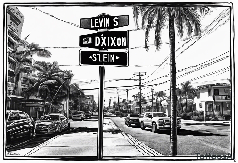 Crosswalk sign and post with “Levin St” and “Dixon Rd”. In the background there should be palm trees tattoo idea