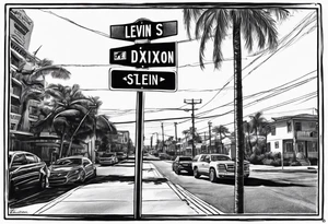 Crosswalk sign and post with “Levin St” and “Dixon Rd”. In the background there should be palm trees tattoo idea