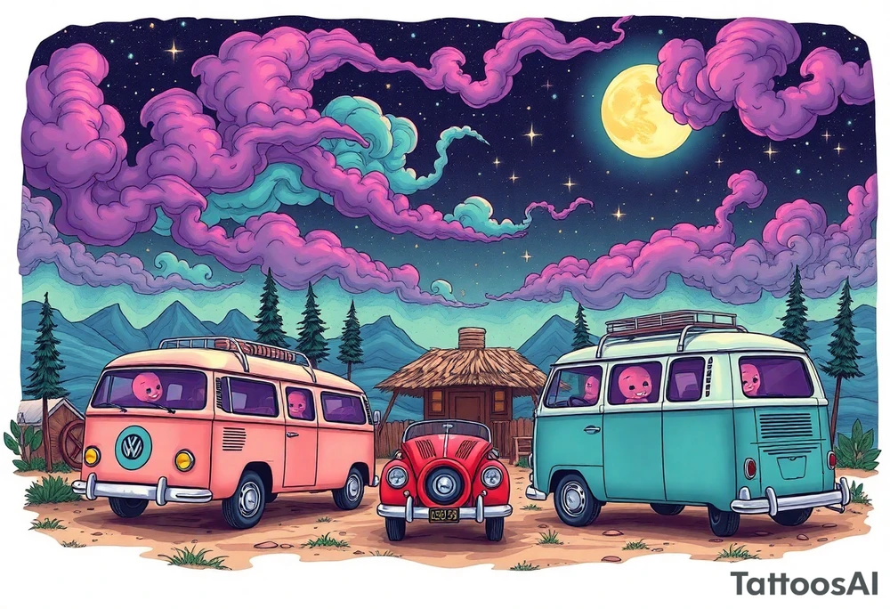 Tim Burton’s hippie commune outside view has lots of cute pastel volkswagon vans and cars  and dripping with muted reds, dusty pinks, and eerie green glow purple and cyan smokey clouds swirl and dance in the moonlit night sky filled with twinkling stars  tattoo idea tattoo idea