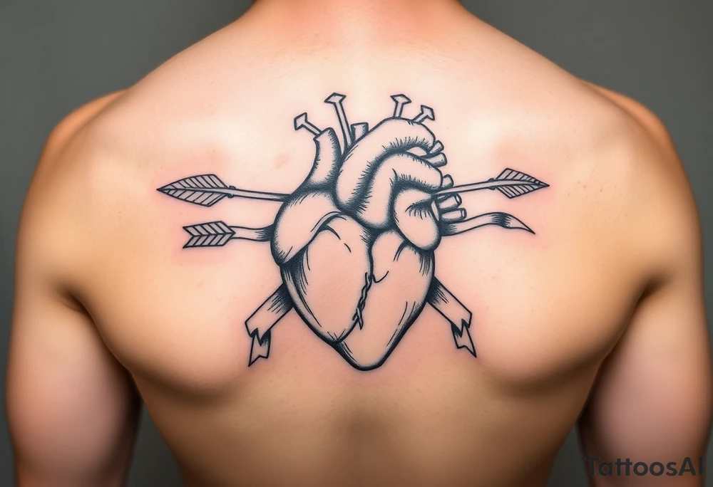 anatomical heart pierced by ornate arrow with flowing ribbons tattoo idea
