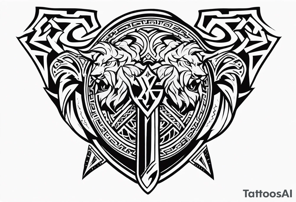 Valhalla sword shield dragon axe Valknut tribal lion tattoo idea