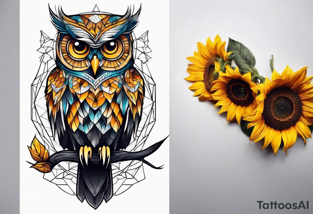 Owl and sunflower sleeve tattoo idea