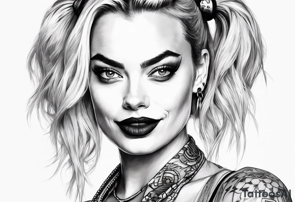 Harley Quinn sitting full body Margot Robbie sad tattoo idea