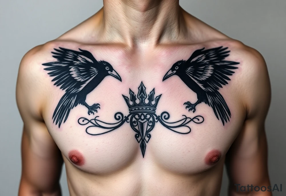 Chest tattoo, two ravens and icelandic symbols, dark brest tattoo, crown betwen ravens tattoo idea