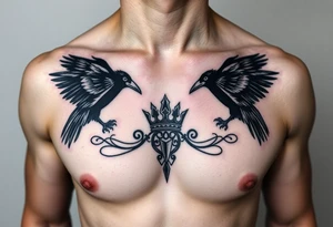 Chest tattoo, two ravens and icelandic symbols, dark brest tattoo, crown betwen ravens tattoo idea
