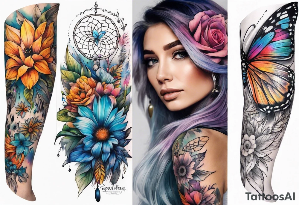 arm sleeve with dreamcatcher, rainbow flowers and one butterfly tattoo idea