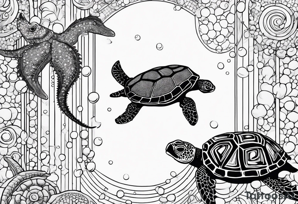 Small Starfish, Seahorse and turtle in a vertical line with bubbles tattoo idea Small Starfish, Seahorse and turtle in a vertical line with bubbles tattoo idea