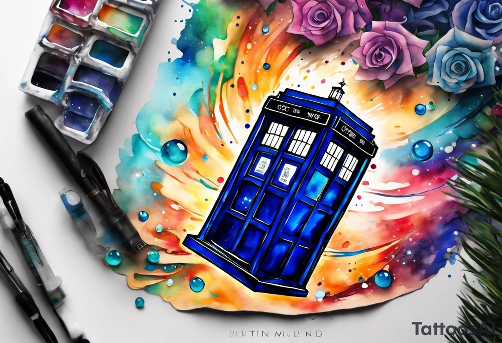 Doctor who tardis with splashes of color coming out from around the TARDIS tattoo idea