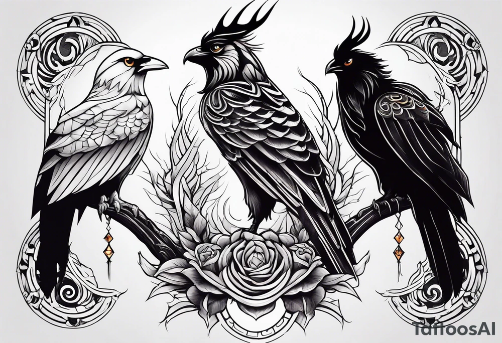 Phoenix with Raven and Tiger on left side and deer and owl on right tattoo idea