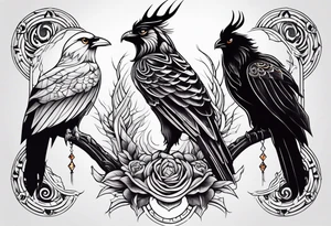 Phoenix with Raven and Tiger on left side and deer and owl on right tattoo idea