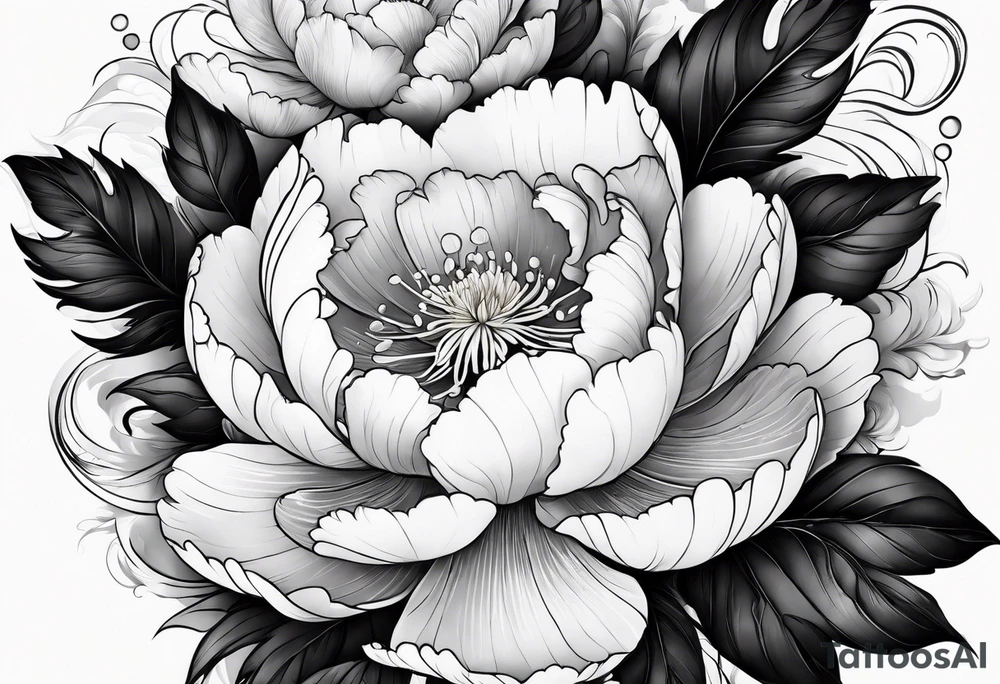 Japanese Floral peony water sleeve black and white tattoo idea