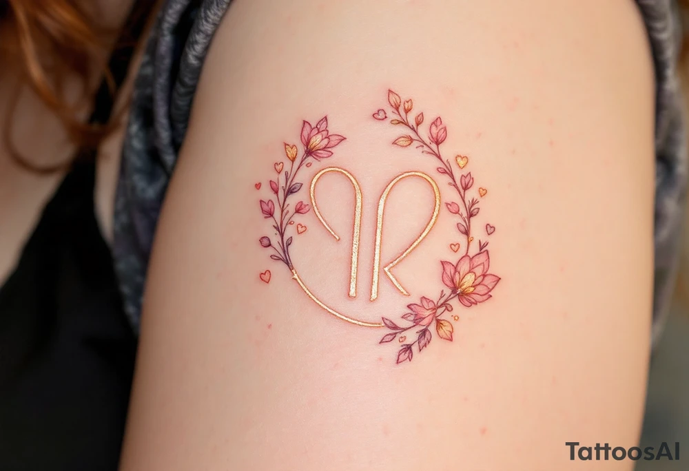 A soft pink and gold symbol for rune symbolizing love. Outlined with delicate hearts and floral accents. tattoo idea