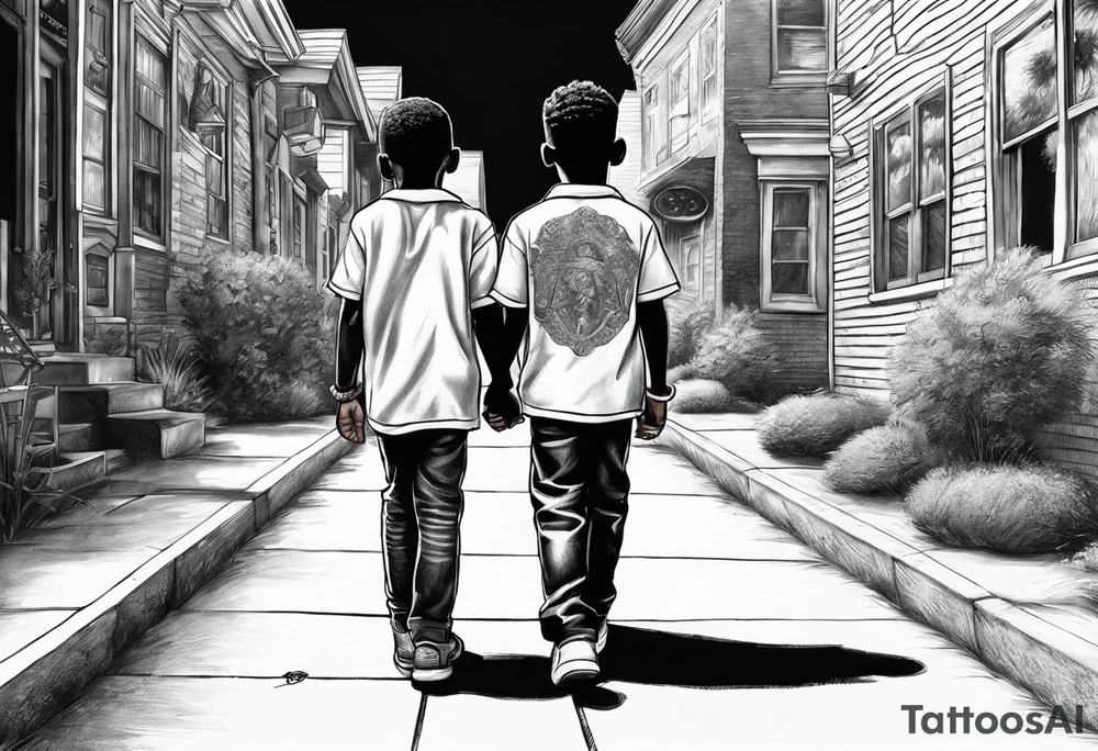 the bond between three black school age brothers walking away down a street showing full bodies tattoo idea