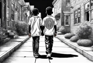 the bond between three black school age brothers walking away down a street showing full bodies tattoo idea